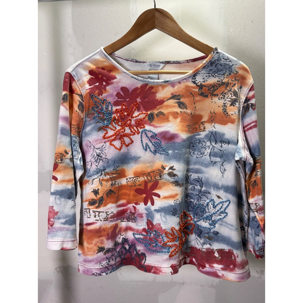 City Blues by Koret Womens‎ Large Floral Embroidered 3/4 Sleeve Top Multicolor